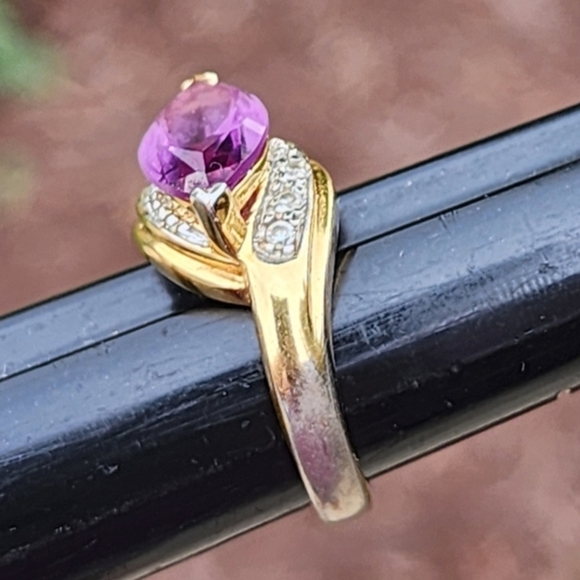 Sterling Silver Gold Vermeil Purple Stone and Diamond Accent Stones Sz 5 Pinky - Picture 3 of 8